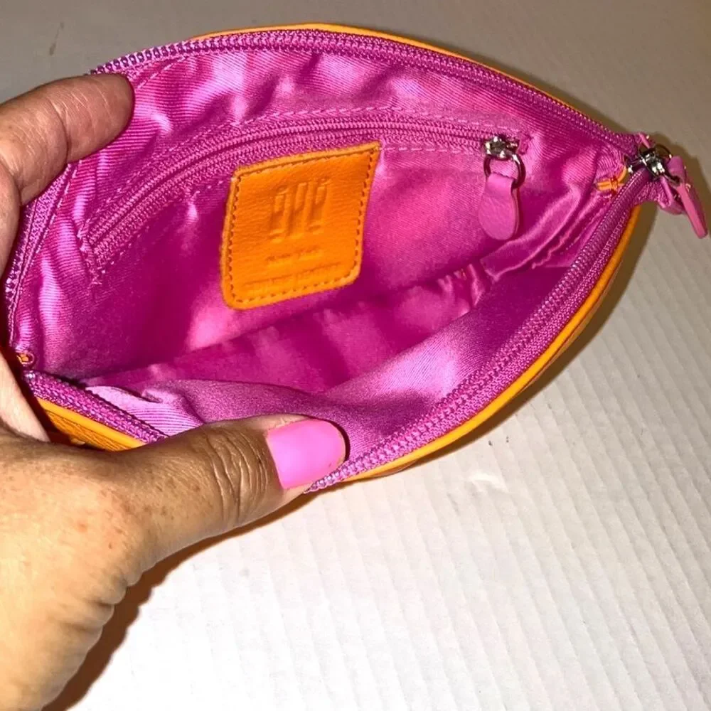 ILI New York Hot Lips Leather Cosmetic Makeup Case Bright Orange with Pink Lips